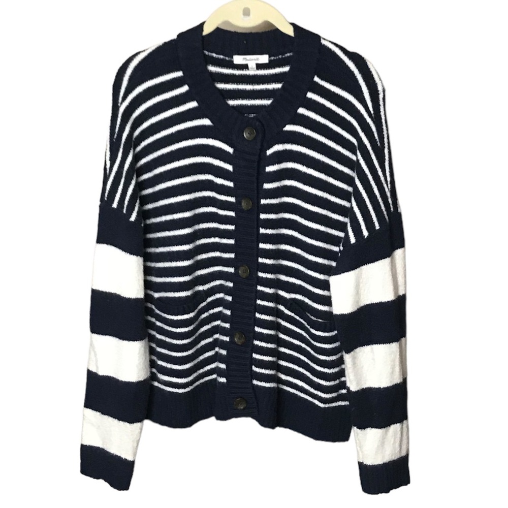 MADEWELL Sweater Cardigan Blue White Stripe Front Pockets Cotton Wool Blend Sz L